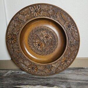 Vintage Hand Carved Wooden Charger Bowl/Plate Floral Folk Art Rustic Boho 14”